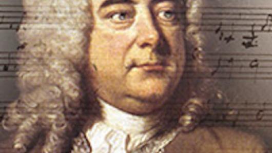 Portrait of George Frederic Handel with music staff and notes in the background.